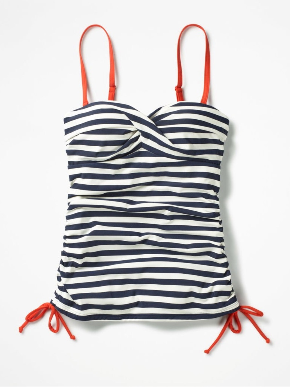 Boden white and navy striped swim suit tank top with orange straps and tie side🗻